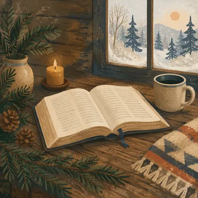 Open Bible with Evergreen Morning Light