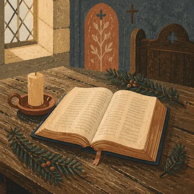 Open Bible With Evergreen in Historic Chapel
