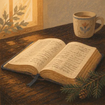 Open Bible with Evergreen on Wooden Table