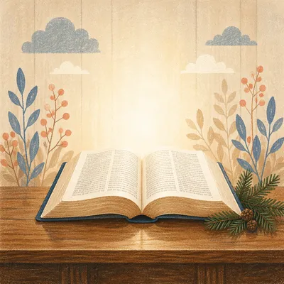 Open Bible with Evergreen Sprig on Wood