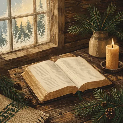 Open Bible with Evergreen on Table
