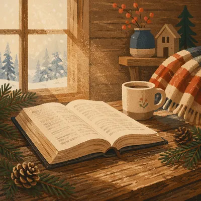 Open Bible with Evergreen on Rustic Table
