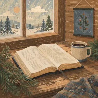 Open Bible with Evergreen Morning Light