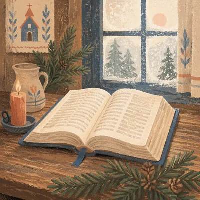 Open Bible with Evergreen and Candlelight