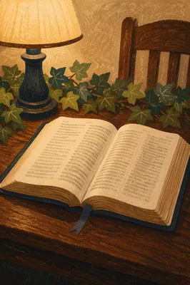 Open Bible with Evergreen Ivy and Lamplight