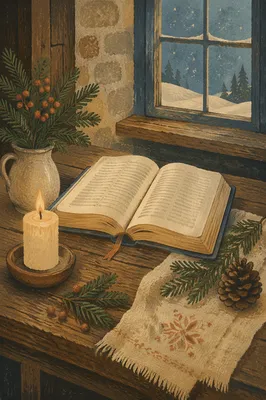 Open Bible with Evergreen Candlelight