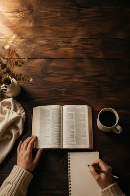Open Bible on Wooden Table Flat Lay