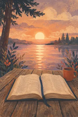 Open Bible by Lakeside Sunset