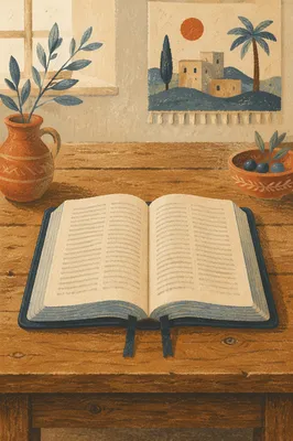 Open Bible on Rustic Wooden Table