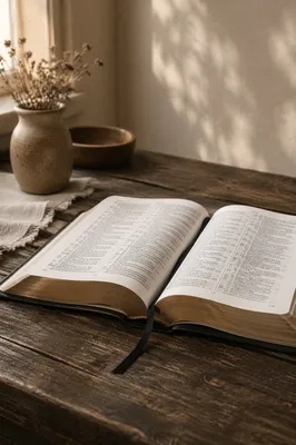 Open Bible on Rustic Wooden Table