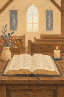 Open Bible on Rustic Chapel Table