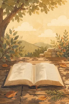 Open Bible on Rustic Evergreen Table