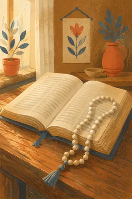 Open Bible with Prayer Beads on Wood