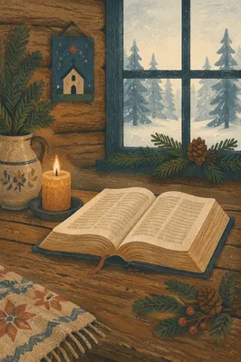 Open Bible with Evergreen Candlelight