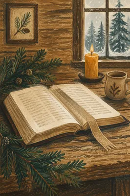 Open Bible with Evergreen Morning Light