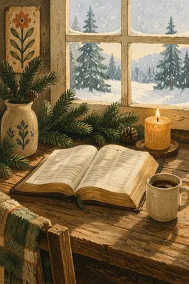 Open Bible with Evergreen Winter Cottage Light