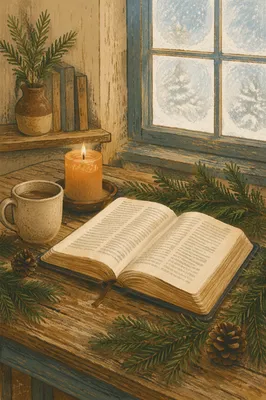 Open Bible with Evergreen Morning Devotion