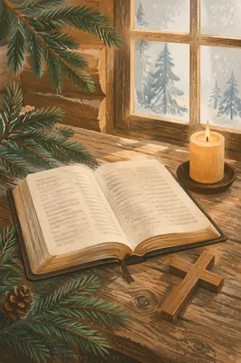 Open Bible with Evergreen and Candlelight