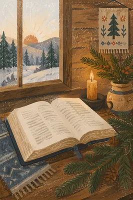 Open Bible with Evergreen and Candle
