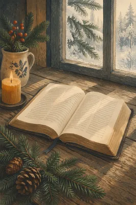 Open Bible with Evergreen and Candle