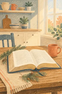 Open Bible with Evergreen Sprigs on Wood