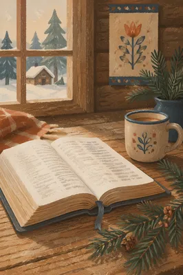 Open Bible with Evergreen Cabin Morning