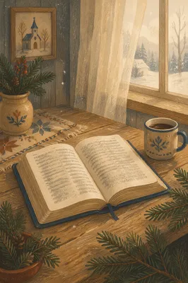 Open Bible With Evergreen Winter Morning Light