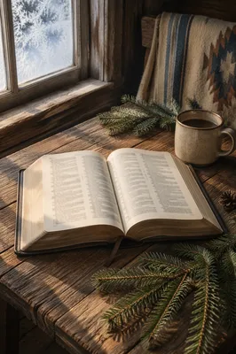 Open Bible with Evergreen Winter Light