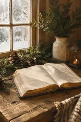 Open Bible with Evergreen Winter Still Life
