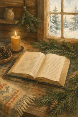 Open Bible with Evergreen Cabin Candlelight