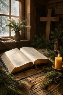 Open Bible with Evergreen Candlelight