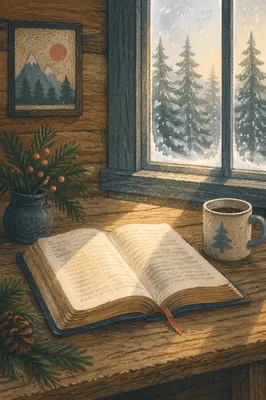Open Bible on Evergreen Cabin Table