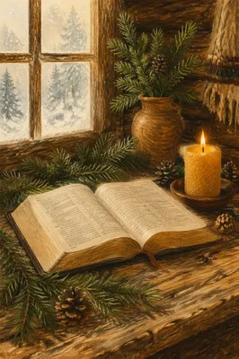 Open Bible with Evergreen and Candlelight