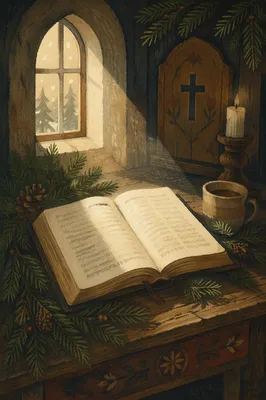 Open Bible with Evergreen on Wooden Table