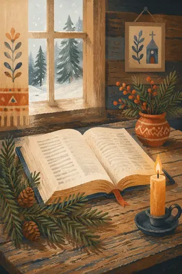 Open Bible with Evergreen in Rustic Cabin