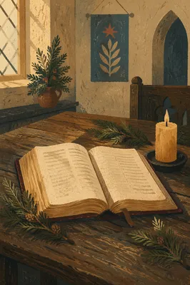 Open Bible with Evergreen Chapel Candle