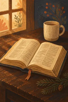 Open Bible With Evergreen Sprig on Wood
