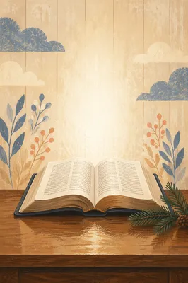 Open Bible with Evergreen Sprig on Wooden Table