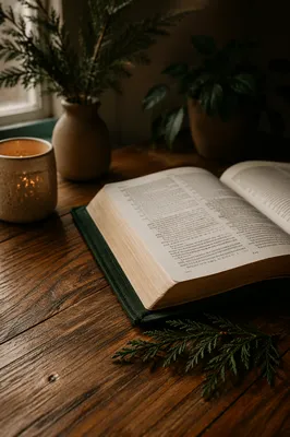 Open Bible on Evergreen Wooden Table