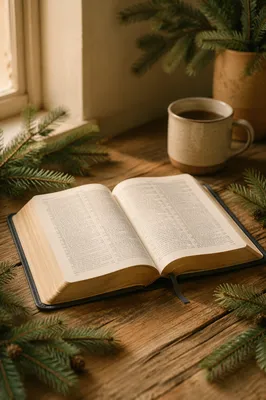 Open Bible with Evergreen on Wooden Table