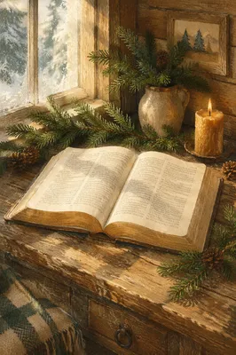 Open Bible with Evergreen Cabin Devotion