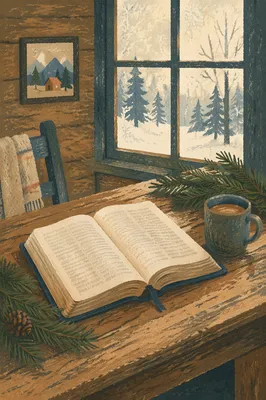 Open Bible with Evergreen Morning Light