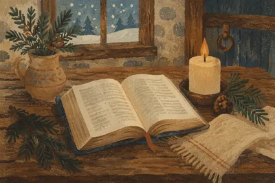 Open Bible with Evergreen Candle Devotion