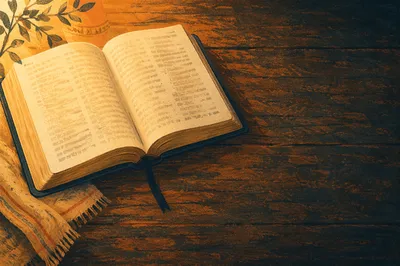 Open Bible on Rustic Wooden Table