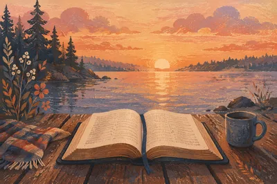 Open Bible by Peaceful Sunset Lake