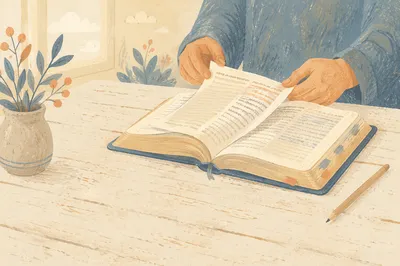 Open Bible on Rustic Wooden Table