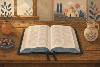 Open Bible on Rustic Wooden Table