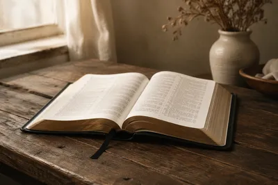 Open Bible on Rustic Wooden Table