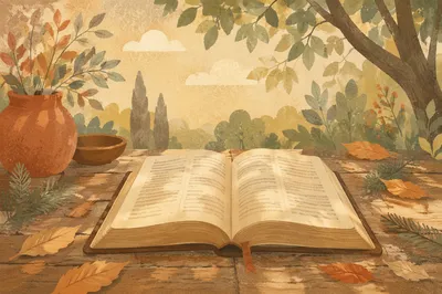 Open Bible on Rustic Wooden Table