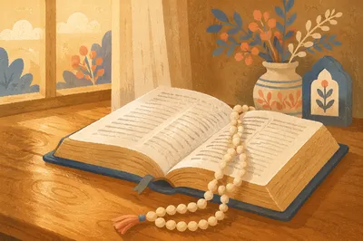 Open Bible with Pearls on Wooden Table